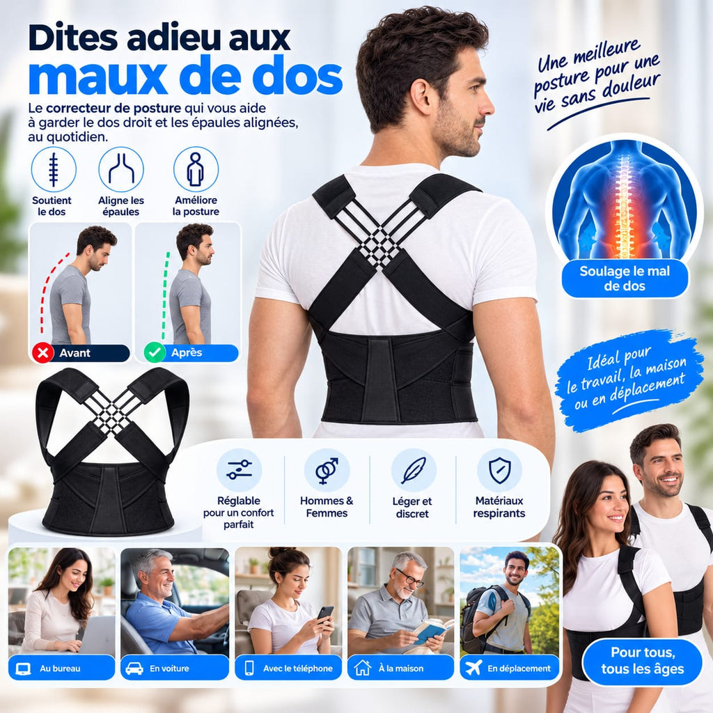 Correcteur de Posture Dorsale Réglable – Dos Droit & Épaules Alignées