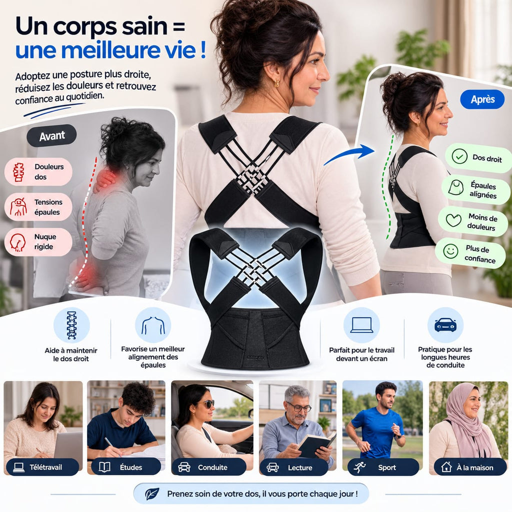 Correcteur de Posture Dorsale Réglable – Dos Droit & Épaules Alignées